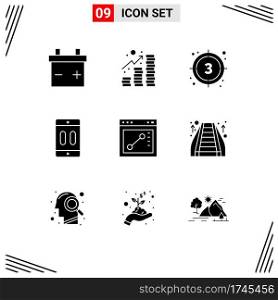 Pictogram Set of 9 Simple Solid Glyphs of website, browser, start, pause, devices Editable Vector Design Elements