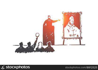 Picture, auction, sale, bidder, buyer concept. Hand drawn sale of paintings at auction concept sketch. Isolated vector illustration.. Picture, auction, sale, bidder, buyer concept. Hand drawn isolated vector.