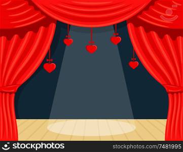 Picture Cartoon Theater with red backstage, spotlight and red hearts on ribbons. Vector Cartoon Illustration. The concept of Valentine&rsquo;s Day