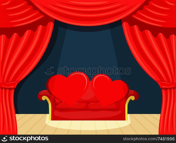 Picture Cartoon Theater with red backstage spotlight and red hearts on the couch. Vector Cartoon Illustration. The concept of Valentine&rsquo;s Day