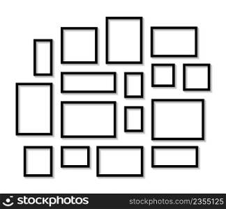 Picture frame on wall isolated on white background. Black photo frames collage. Modern template of gallery. Wood decoration with shadow. Outline board. Vector.