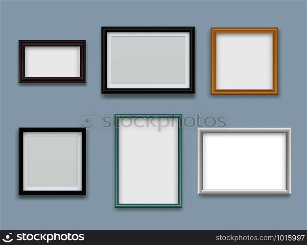 Picture frames realistic. Modern wood empty painting or photography frame vector mockup collection. Set of picture frame, photography empty border illustration. Picture frames realistic. Modern wood empty painting or photography frame vector mockup collection