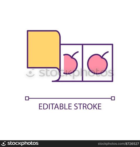 Picture guessing game RGB color icon. Sticker with two cherry. Create curiosity. Conundrum solving. Isolated vector illustration. Simple filled line drawing. Editable stroke. Arial font used. Picture guessing game RGB color icon