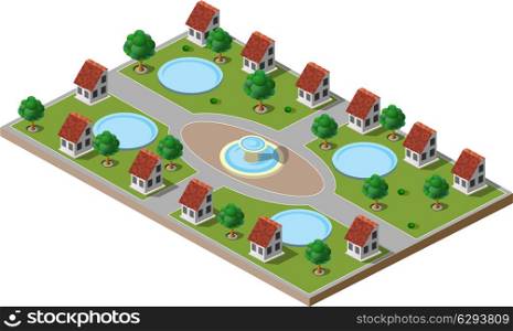 Picture of green park with trees, lawns, a fountain and houses.