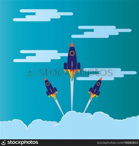 picture of rocket flying above clouds business startup banner concept flat style illustration