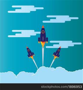picture of rocket flying above clouds business startup banner concept flat style illustration