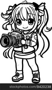 Picture Perfect Moments  Manga Chibi Style Coloring Book with Full Body of a Cute Smiling Chibi Female Photographer with DSLR