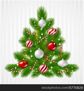 Picture was made in eps 10 with gradients and transparency.. Merry Christmas vector background with tree and glossy balls.