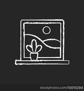 Picture windows chalk white icon on black background. Large, fixed-pane window without glazing bars. Clear view without obstructions. Natural light access. Isolated vector chalkboard illustration. Picture windows chalk white icon on black background