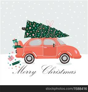Picture with pink car and Christmas gifts. Christmas picture.. Vector picture with pink car and Christmas gifts and tree. Christmas picture. Red pickup. New year illustration delivery service.