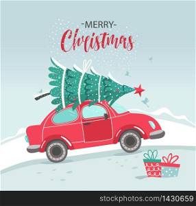 Picture with red car and Christmas tree. Christmas picture. Red pickup. Vector picture with red car and Christmas tree. Christmas picture. Red pickup. New year illustration delivery service.