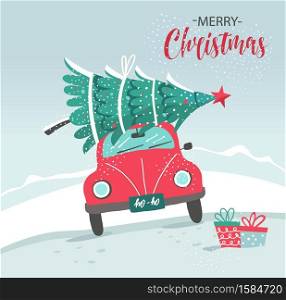Picture with red car and Christmas tree. Christmas picture. Red pickup. Vector picture with red car and Christmas tree. Christmas picture. Red pickup. New year illustration delivery service.