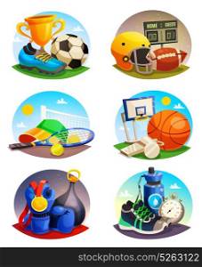 Pictures Collection Of Sport Inventory. Collection of isolated design pictures with sport inventory for rugby tennis football basketball games flat vector illustration