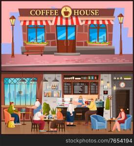 Pictures of coffeehouse exterior and interior. Brick building with logo and room with furniture. Barista serves customers. People eat cakes, drink coffee and meet with friends, vector illustration. Coffeehouse Exterior and Interior, People in Cafe