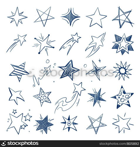 Pictures of different stars in doodle hand drawn style. Star and asterisk, drawing sketch scribble. Vector illustration. Pictures of different stars in doodle hand drawn style