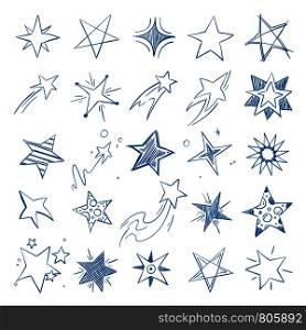 Pictures of different stars in doodle hand drawn style. Star and asterisk, drawing sketch scribble. Vector illustration. Pictures of different stars in doodle hand drawn style