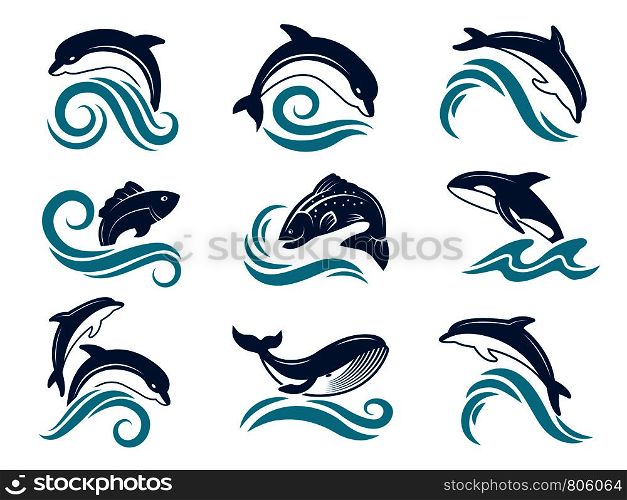 Pictures of dolphins and other marine animals. Logo design template. Dolphin animal and fish jump emblem. Vector illustration. Pictures of dolphins and other marine animals. Logo design template