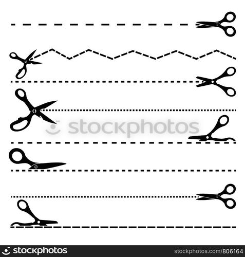 Pictures with scissors and cutting lines. Tools for design templates. Scissor black dividing dotted line. Vector illustration. Pictures with scissors and cutting lines. Tools for design templates