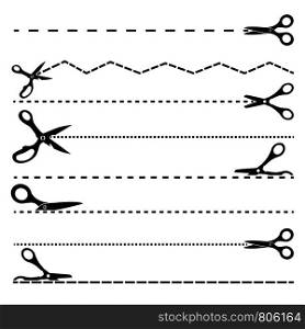 Pictures with scissors and cutting lines. Tools for design templates. Scissor black dividing dotted line. Vector illustration. Pictures with scissors and cutting lines. Tools for design templates
