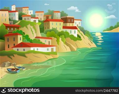 Picturesque coastal living village cottages on steep island shore decorative poster with fishing boats abstract vector illustration. Coastal sea village living colorful poster