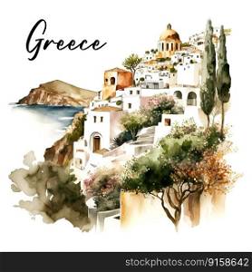 Picturesque landscape of Greece watercolor art sea