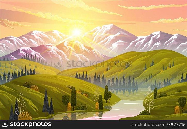 Picturesque sunrise or sunset in the mountains. Meadows, forests, conifers and deciduous trees. Mountain river, rocks, orange sky. Green hilly terrain. Mountain landscape. Flat vector illustration. Scenic mountain landscape, green hills, river, forest. Rocks and wood. Orange sunset. Flat image