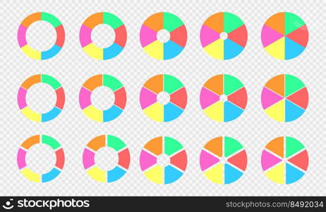 Pie and donut charts collection. Circle diagrams divided in 6 sections of different colors. Infographic wheels with six equal parts isolated on transparent background. Vector flat illustration.. Pie and donut charts collection. Circle diagrams divided in 6 sections of different colors. Infographic wheels with six parts 