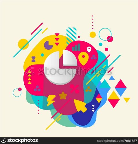 Pie chart on abstract colorful spotted background with different elements. Flat design.