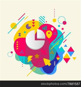 Pie chart on abstract colorful spotted background with different elements. Flat design.