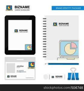 Pie chart on Laptop Business Logo, Tab App, Diary PVC Employee Card and USB Brand Stationary Package Design Vector Template