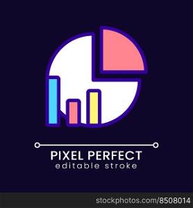 Pie chart pixel perfect RGB color icon for dark theme. Data analysis presentation. Proportional model. Simple filled line drawing on night mode background. Editable stroke. Poppins font used. Pie chart pixel perfect RGB color icon for dark theme