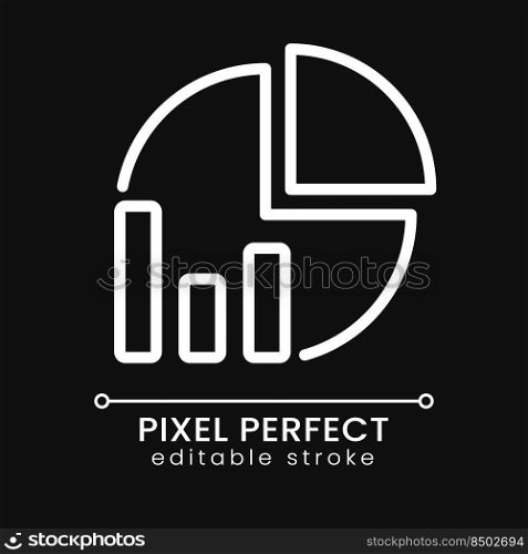 Pie chart pixel perfect white linear icon for dark theme. Data analysis presentation. Proportional model. Thin line illustration. Isolated symbol for night mode. Editable stroke. Poppins font used. Pie chart pixel perfect white linear icon for dark theme