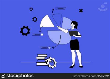 Pie chart web concept with character scene in flat design. People making analysis and working with data diagram with sectors and percentages. Vector illustration for social media marketing material.