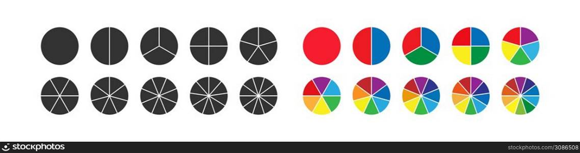 Pie charts color icon set. Circle graph illustration symbol. Sign circle diagram vector flat.