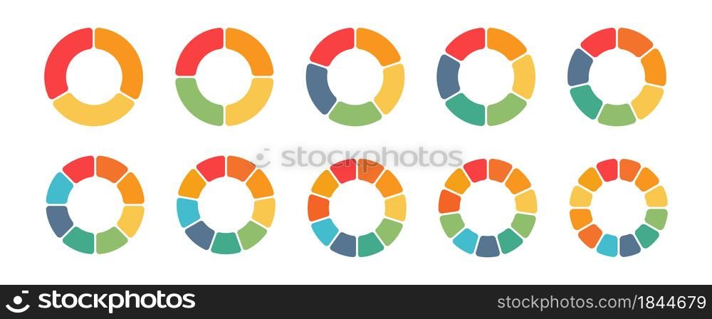 Pie charts diagrams. Set of different color circles isolated. Infographic element round shape. Vector illustration.. Pie charts diagrams. Set of different color circles isolated.