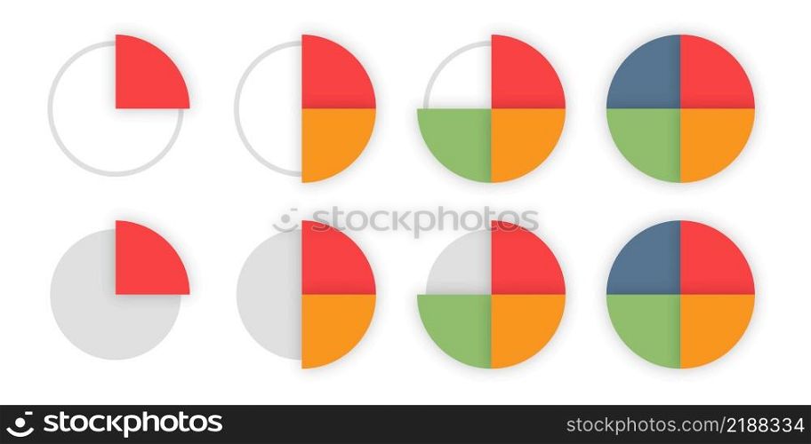 Pie charts diagrams. Set of different graph color circles isolated. Infographic element round shape. Vector illustration.. Pie charts diagrams. Set of different graph color circles isolated.