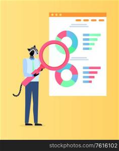 Pie diagram and analysis information vector, man holding magnifying glass in hands, person wearing business suit with statistics and research board. Hipster Animal Raccoon with Whiteboards and Charts