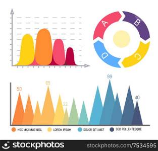 Pie diagram, infographics and infocharts data vector. Graphics schemes of business plan, strategy analysis of results. Report with flowcharts scales. Pie Diagram, Infographics and Infocharts Data