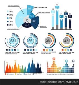 Pie diagram with parts and present statistical data vector. Infographics and infocharts with numeric info, flowchart, different distinguishing colors. Pie Diagram with Parts and Percent Statistics Data