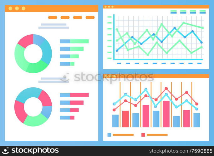 Pie diagram with segments vector, data in visual representation flat style. Information gathered in charts and schemes, flowchart with timeline set. Infographics and Statistics Charts and Diagrams