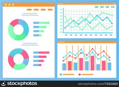 Pie diagram with segments vector, data in visual representation flat style. Information gathered in charts and schemes, flowchart with timeline set. Infographics and Statistics Charts and Diagrams