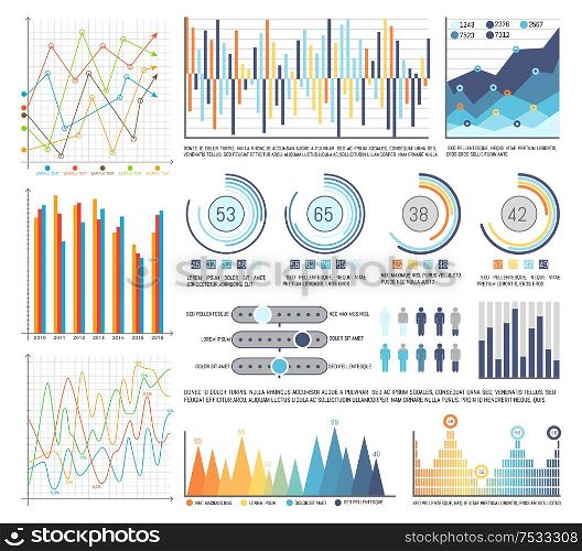 Pie diagrams with segments and flowcharts set vector. Visualisation of business results, data in visual form. Percentage and numeric info statistics. Pie Diagrams with Segments and Flowcharts Set