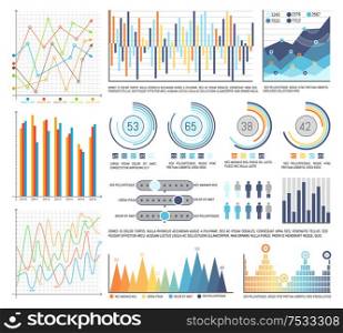 Pie diagrams with segments and flowcharts set vector. Visualisation of business results, data in visual form. Percentage and numeric info statistics. Pie Diagrams with Segments and Flowcharts Set