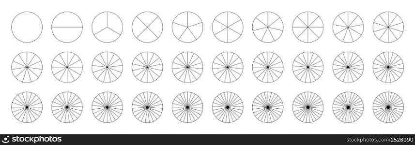 Pie of circle. Chart with segments. Round pie with divide and 29 segments. Diagram with sections. Black outline icons for infographic, pizza, fraction, piechart and portion. Vector.