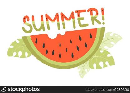 Piece appetizing watermelon and word summer with watermelon pattern. Vector illustration in flat style for design, decor. Conceptual summer card