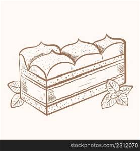 Piece cake hand drawn vintage engraving. Tiramisu sketch with mint leaves. Baking retro isolated vector illustration. Piece cake hand drawn vintage engraving