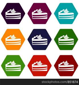 Piece of cake icon set many color hexahedron isolated on white vector illustration. Piece of cake icon set color hexahedron