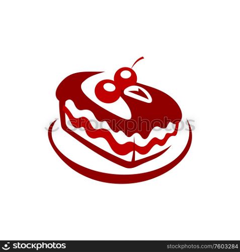 Piece of cake on plate isolated icon. Vector cherry homemade pie, pastry food. Homemade cherry cake on plate isolated