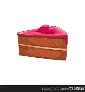 Piece of cake topped by heart isolated bakery. Vector baked food, chocolate dessert. Yummy piece of cake topped by heart isolated