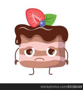 Piece of Cake with Cream. Disappointed Character. Piece of cake with flowing chocolate cream. Disappointed cartoon character. Baked upset creature. Dark and light lines. Strawberry, green leaf and blueberry on top of pastry. Flat design. Vector